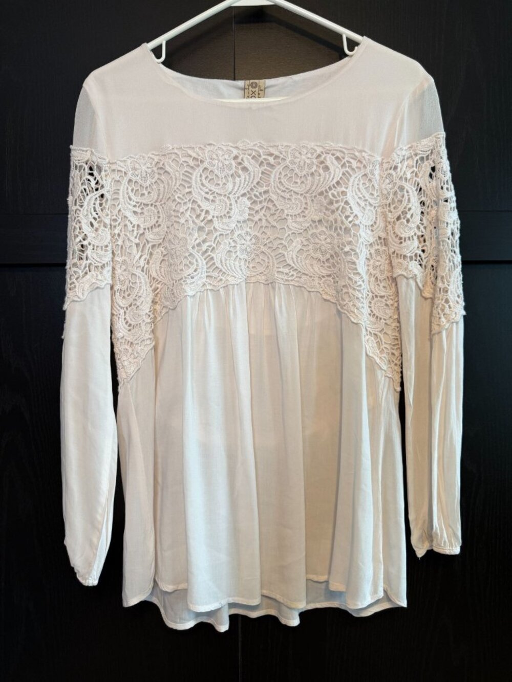 XCVI Womens Long Sleeve Lace Peasant Blouse Small White Dainty Cottage Core